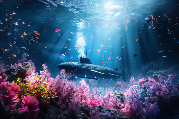 Beautiful large bathyscaphe floating in middle of deep ocean during exploration, abstract vivid composition consists of fictional unreal fantastic vision on background