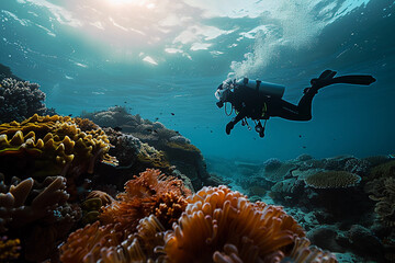 Beautiful diver goes on an underwater adventure in frighteningly deep blue sea, abstract vivid composition consists of fictional unreal fantastic vision on background