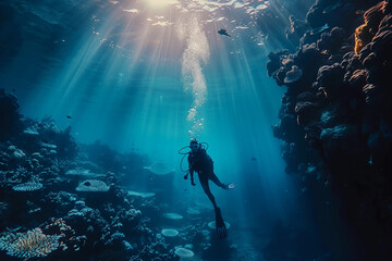 Beautiful diver goes on an underwater adventure in frighteningly deep blue sea, abstract vivid composition consists of fictional unreal fantastic vision on background