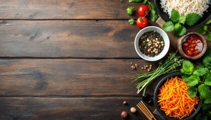  A rustic wooden table displays an array of fresh ingredients, including rice, tomatoes, herbs, and vegetables, arranged in separate bowls and containers.