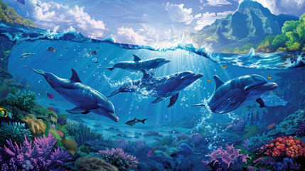Fototapeta premium A playful group of dolphins swimming near the ocean surface with coral reefs below