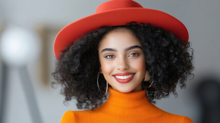 Woman in red hat with a joyful expression