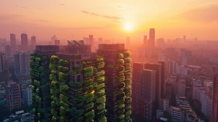 Obraz premium Aerial view of sustainable vertical lush green cityscape at sunset
