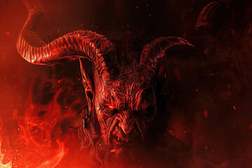 Scary sinister devil is in hell with dramatic bright fire lighting, abstract vivid composition consists of fictional unreal fantastic vision on background