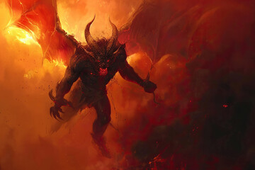 Scary sinister devil is in hell with dramatic bright fire lighting, abstract vivid composition consists of fictional unreal fantastic vision on background