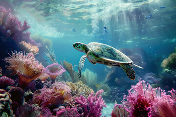 Fototapeta premium A reefscape showcasing a sea turtle swimming through a coral forest with vibrant anemones and swaying sea fans