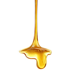 Golden honey dripping in smooth stream, isolated on transparent cutout background