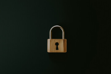 Fototapeta premium Wooden Padlock on Dark Green Background
