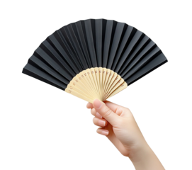 Hand holding a traditional black folding fan, isolated on transparent cutout background
