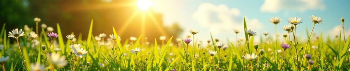 Sunlit meadow with wildflowers swaying in the breeze, green grass, flowers, nature