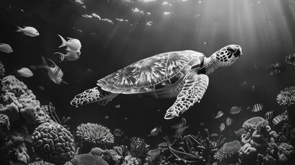 Obraz premium A sea turtle gliding effortlessly above a coral reef surrounded by tropical fish