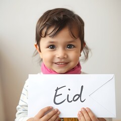 Happy Toddler Holding Eid Greeting Card; Festive, Joyful, and Warm Portrait.