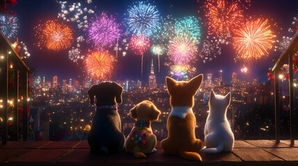 Pets Watch Fireworks Over City