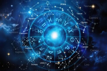 Astrology wheel and Horoscope Signs at Night Sky