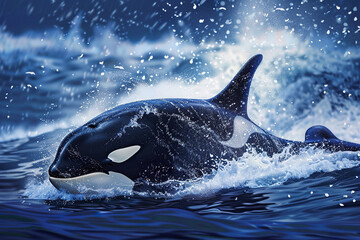 Naklejka premium Fantastically beautiful majestic huge whale in deep blue ocean, abstract vivid composition consists of fictional unreal fantastic vision on background