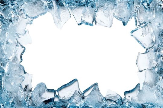 Ice frame with frosted edges and center space, isolated on transparent cutout background
