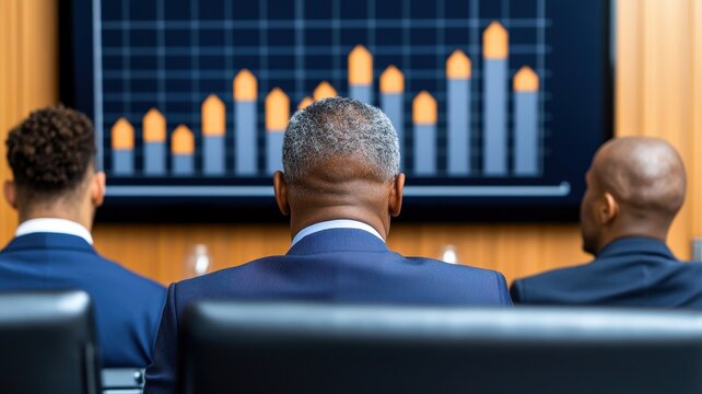A conference room with a diverse group of professionals discussing a chart displayed on a large wall screen, representing teamwork and growth.