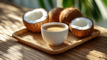 caf culture, white cup of vietnamese coconut coffee on bamboo tray with fresh coconut halves in background