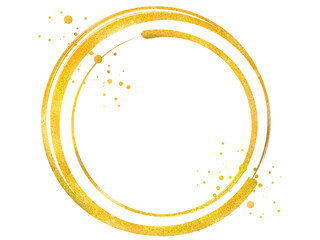 Golden circle frame and scattered gold drops.