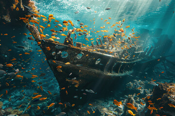 Underwater view of an old sunken ship on seabed with fish swimming around, abstract vivid composition consists of fictional unreal fantastic vision on background