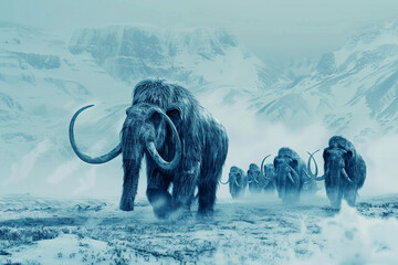 Fantastically majestic mammoth in its natural habitat with large long tusks, abstract vivid composition consists of fictional unreal fantastic vision on background