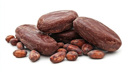 Obraz premium Delicious dark chocolate treats with cacao beans, beautifully arranged on a white background, perfect for showcasing gourmet confectionery delights and indulgent snacks.