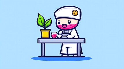 Cute cartoon scientist examining plant sample in lab.