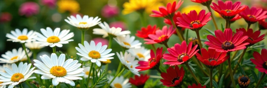 White and red daisies scattered across a colorful garden bed, lawns, garden beds, bellis perennis