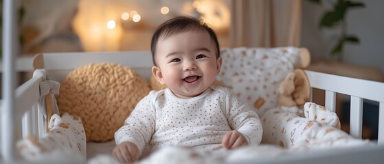 Fototapeta premium A cute five-month-old Asian baby boy is grinning and having fun playing with a crib mobile in his home playpen.