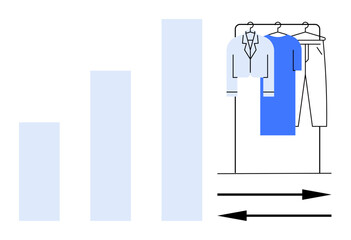 Clothing rack with hanging garments next to ascending bar chart and arrows indicating trends. Ideal for fashion industry, retail analysis, market research, economic trends, sales strategy, data