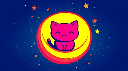 Fototapeta premium Cute pink cat sitting on a yellow moon in space, surrounded by stars.
