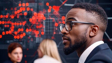 A diverse group of professionals gathered around a futuristic wall graph, discussing data-driven strategies for growth.