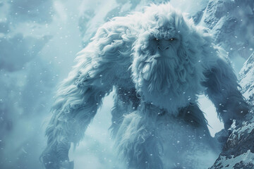 Huge fantasy hairy yeti character in beautiful outdoor nature color, abstract vivid composition consists of fictional unreal fantastic vision on background