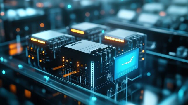A view of a bank of compact battery systems being charged connected to sleek circuitry and showcasing the microfactorys commitment to sustainable energy management.