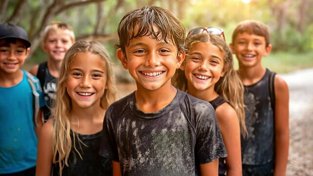 Cheerful kids enjoying a fun day in nature, captured with smiles and energy. Concept of friendship, outdoor activities, and youthful excitement.
