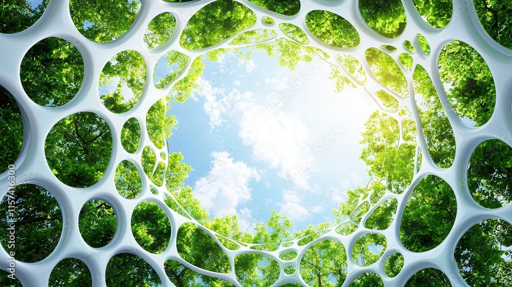 Poster a vibrant view of greenery framed by organic shapes, showcasing the sky with fluffy clouds, evoking 