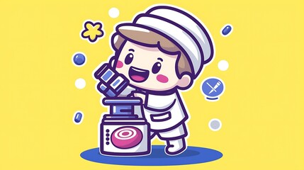 Happy cartoon scientist using microscope.