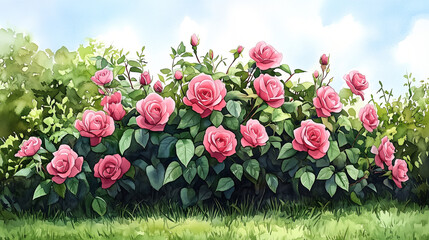 A large hedge of pink roses in the garden, in the style of a cartoon, watercolor painting with pastel colors