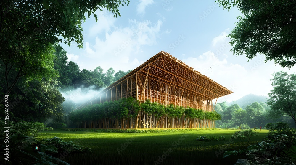 Poster a stunning bamboo structure nestled in lush greenery, showcasing innovative architecture harmonizing