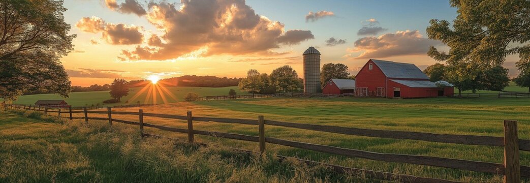 A tranquil rural scene with buildings, silos, verdant fields, and a rustic wooden fence at sunset.