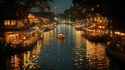 Fototapeta premium Night view of illuminated canal with boats and riverside restaurants.