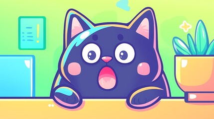 Surprised black cat peeking over a desk, next to a plant and note.