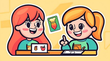 Two girls happily planning a meal together, showing food choices and recipes.