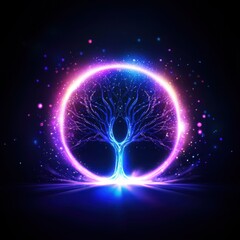 Fototapeta premium A bold neon tree with glowing branches and leaves in dynamic gradients of teal and magenta, surrounded by swirling light patterns and faint sparkles, symbolizing growth and modernity. 