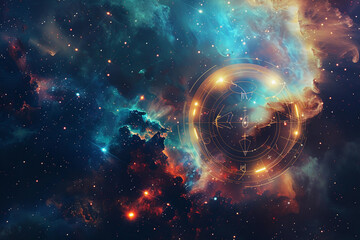 Obraz premium Astrological abstract composition with zodiac circle in signs and symbols, abstract vivid composition consists of fictional unreal fantastic vision on background