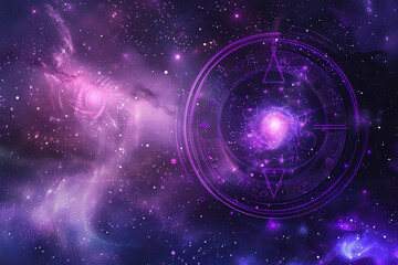 Astrological abstract composition with zodiac circle in signs and symbols, abstract vivid composition consists of fictional unreal fantastic vision on background