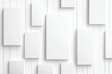 Abstract white rectangular frames arranged on white wood panel background. Minimalist design concept for modern decor, adding a stylish and clean aesthetic to any setting.