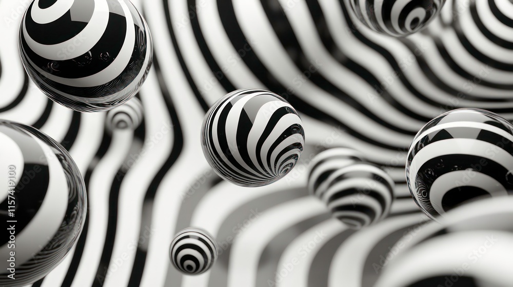 Fototapete abstract 3d rendering of black and white striped spheres floating on a wavy background.