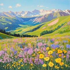 Fototapeta premium Vibrant wildflowers bloom in a mountain valley, showcasing a stunning landscape with snow-capped peaks under a bright, sunny sky.