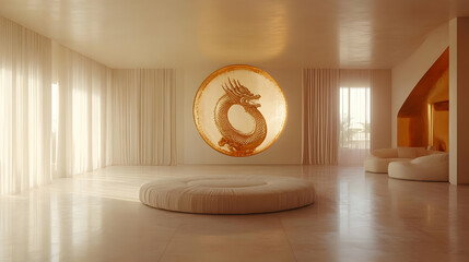 Sunlit minimalist room with circular seating and golden dragon wall art.